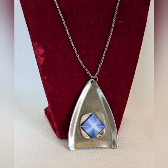 Vintage Modernist Stainless Steel Necklace Signed Peak Blue Center Unisex Men "P - Picture 9 of 9